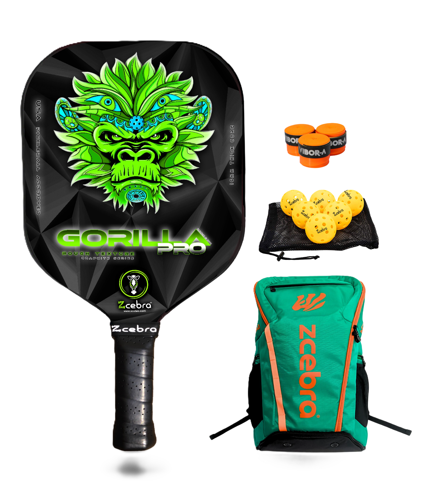 Pack Pickleball Zcebra Carbono Gorilla Pro Series Green