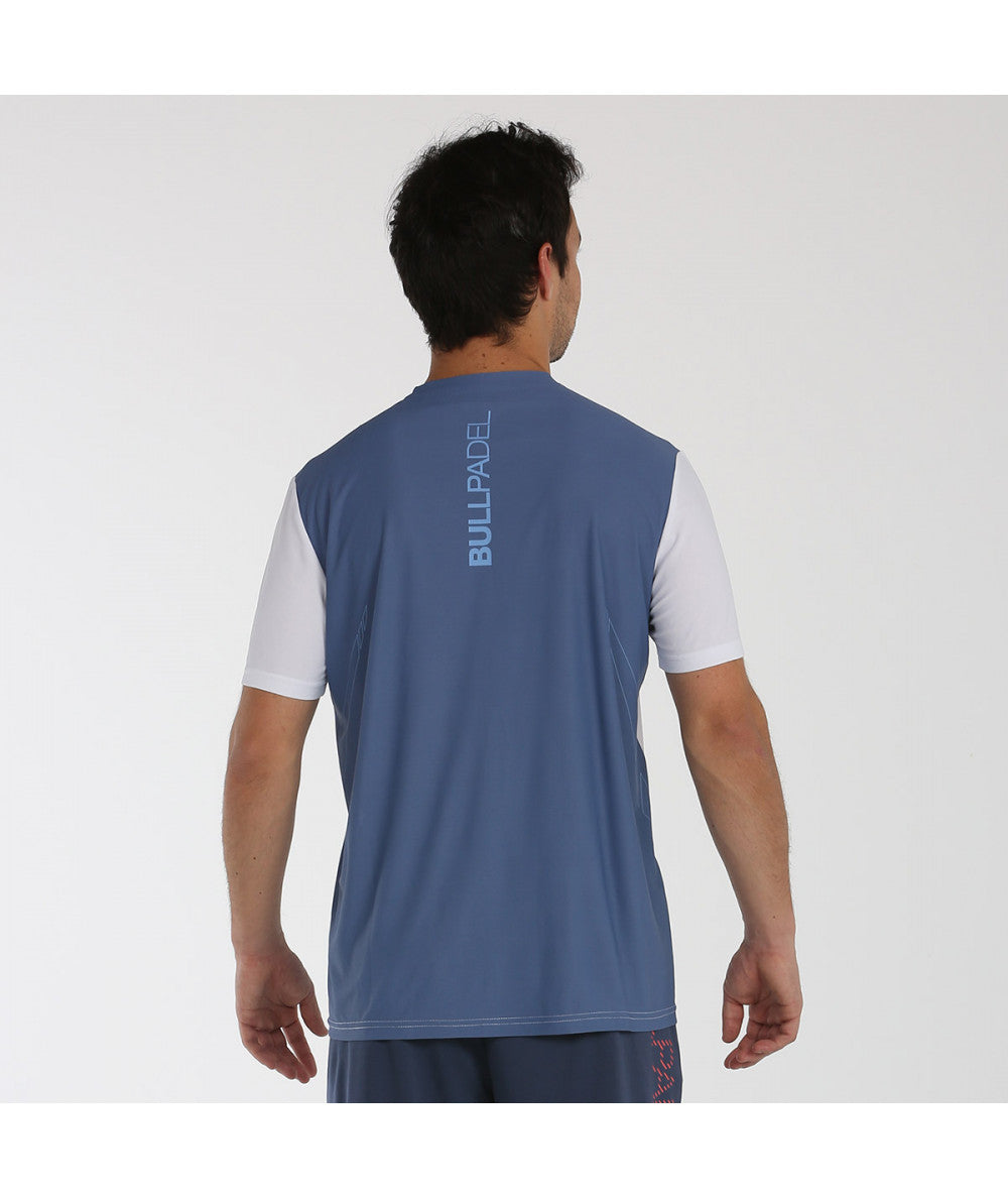 Camiseta bullpadel ciron en color blanco y azul. Espalda en color azul.