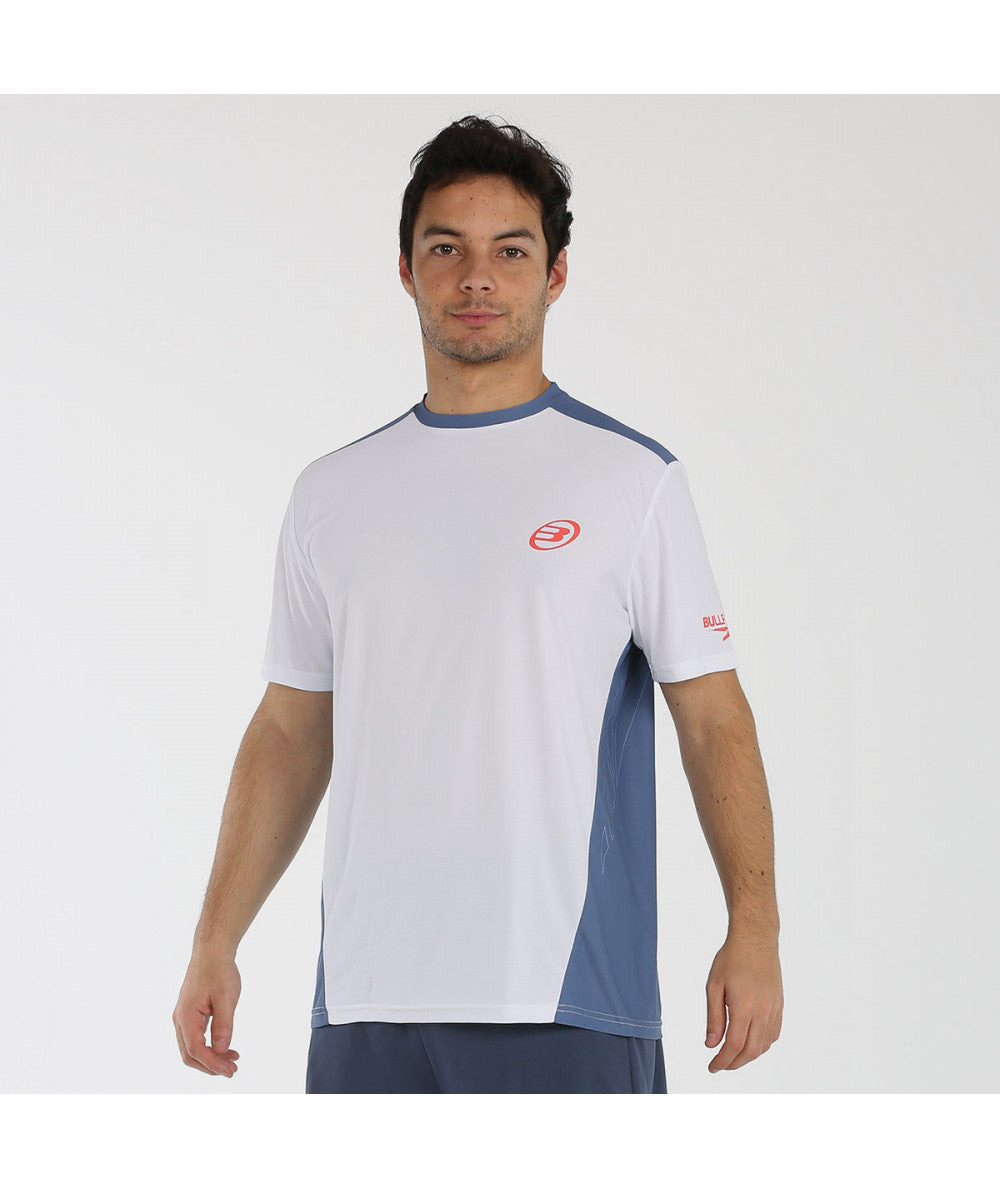 Camiseta bullpadel ciron en color blanco y azul.