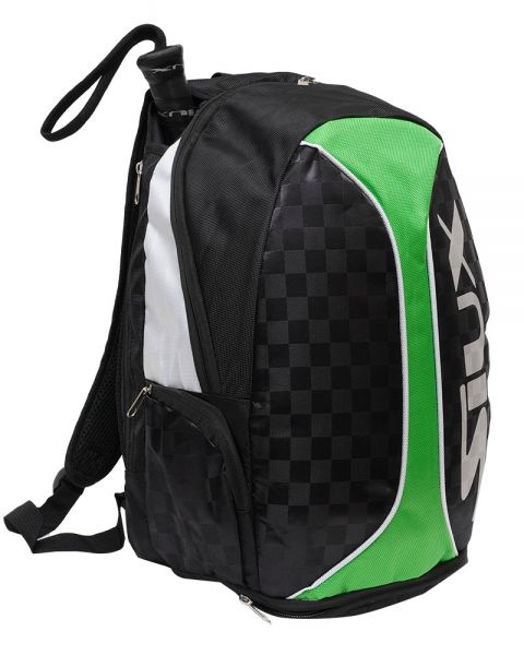 Mochila de pádel Siux Trail 2.0 en colores negro y verde. Vista de lado.