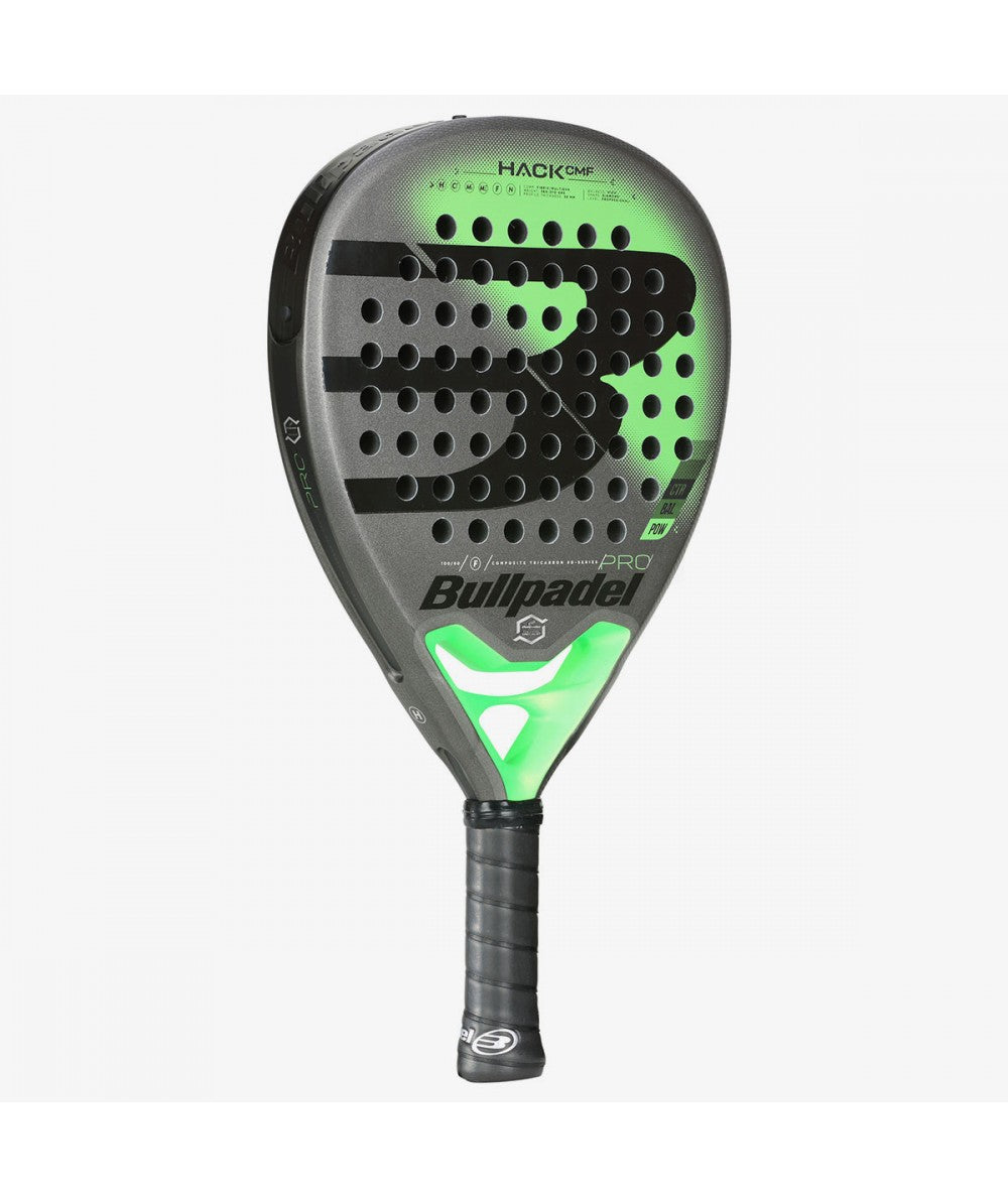 Pala bullpadel hack comfort 21. En forma de diamante. Colores gris, verde y negro. Vista lateral.