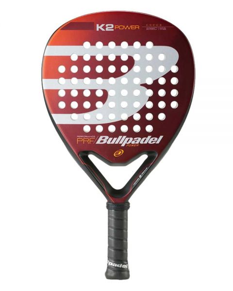 Pala de pádel Bullpadel K2 Power año 2022. En colores naranja, blanco y negro.