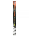 Pala de pádel Bullpadel Libra, en colores naranja, negro y detalles verde. Vista de perfil.