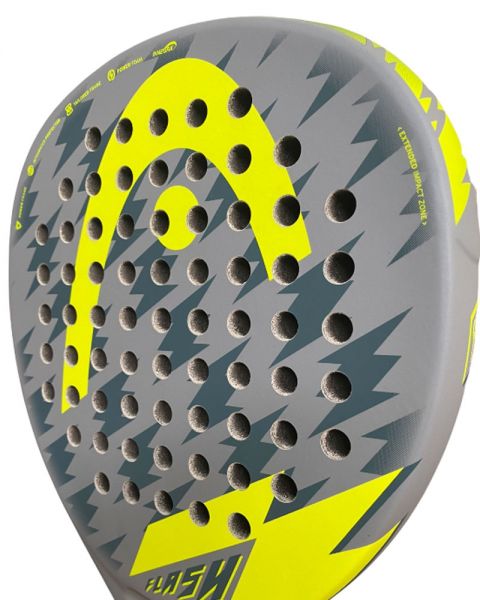 Pala de pádel Head Flash 2022 en colores gris y amarillo flúor. De cerca.